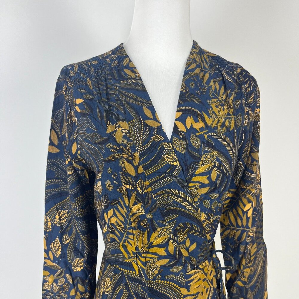 NWT Farm Rio Gold Blue Floral Forest Wrap Mini Dress Long Sleeve Size S - Picture 6 of 15